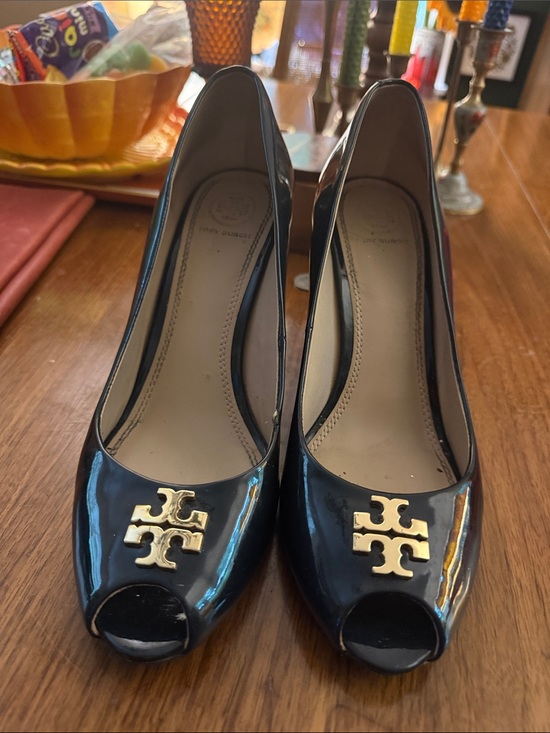 Tory Burch Shoes - Tory Burch Navy Patent Peep-Toe Pumps with Gold Logo